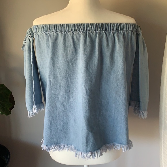 Sweet Wanderer Women’s Denim Raw Fringe Hem Off the Shoulder Top - Picture 4 of 6